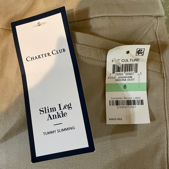 Charter Club Tummy Control Pants Size 8 Khaki NWT Slim Leg Ankle - Picture 3 of 12